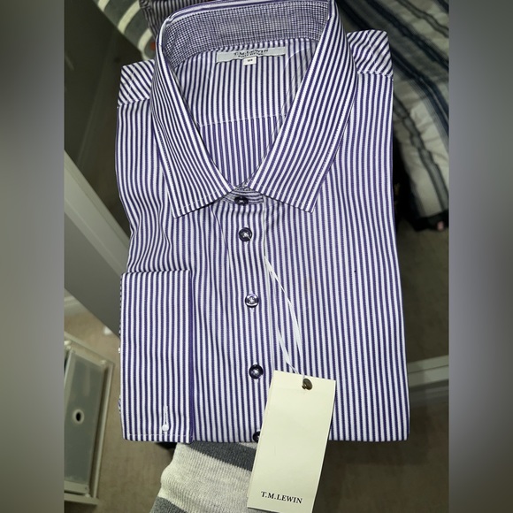 TM Lewin Purple & White Striped Fully Fitted Button Down Shirt - UK 18; US 16 - Picture 9 of 12